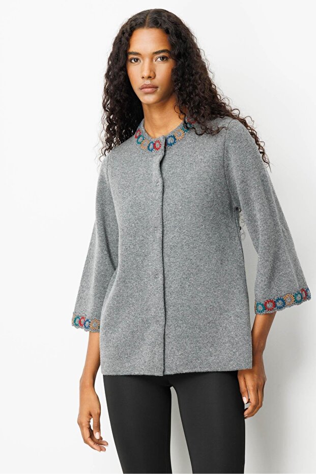 Women's Crocheted Collar and Sleeves Short Wool Coat Smoked