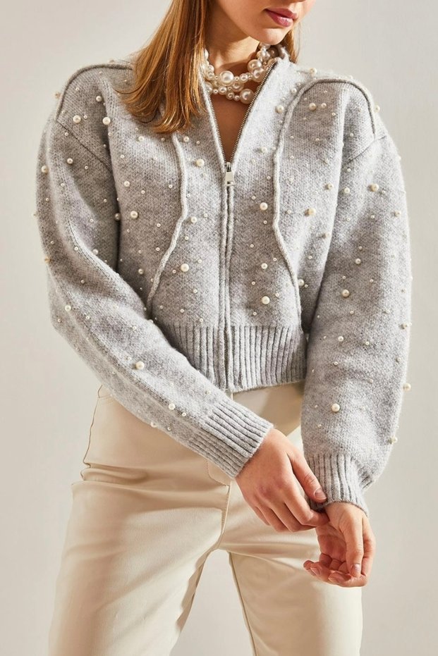 Pearl Embroidered Zippered Knitwear Cardigan Aw25Hi0038