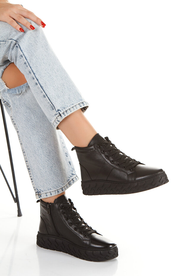 %100 Hakiki Deri Kalın Taban Dikişli Kadın Bot - 1