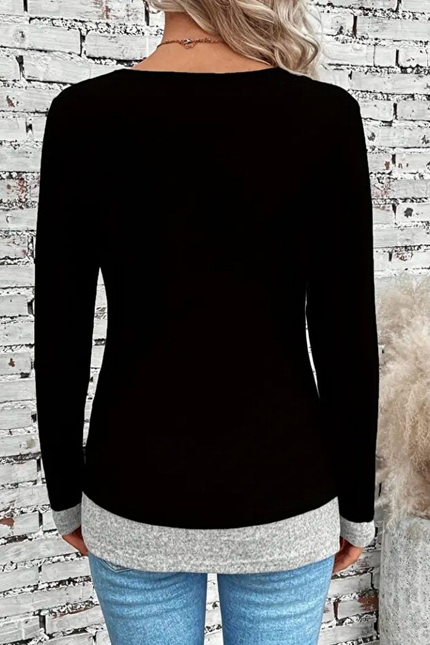 بلوزة فيسكوز بياقة دائرية وأزرار جانبية - أسود - 2