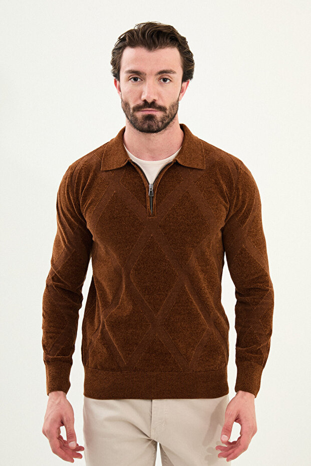 Checkered Slim Fit Zippered Polo Neck Chenille Fabric Men's Knitwear Camel - 11551.25K