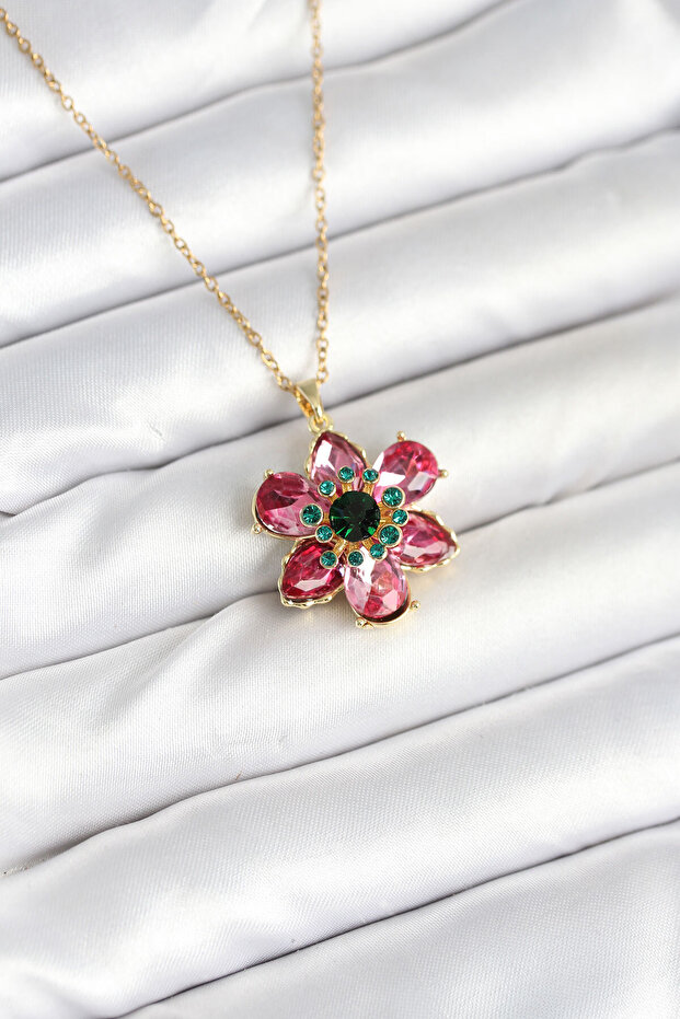 Pink Flower Model Women's Necklace with 316L Steel Chain