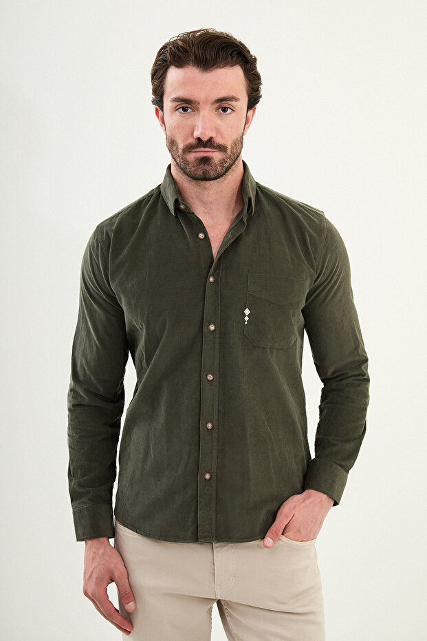 Plain Slim Fit Embroidery Detailed Velvet Men's Shirt Khaki - 27109.25K