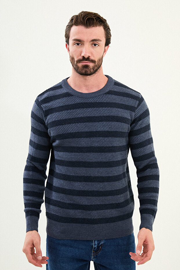 Horizontal Striped Slim Fit Crew Neck Men's Knitwear Indigo-Navy - 11564.25K