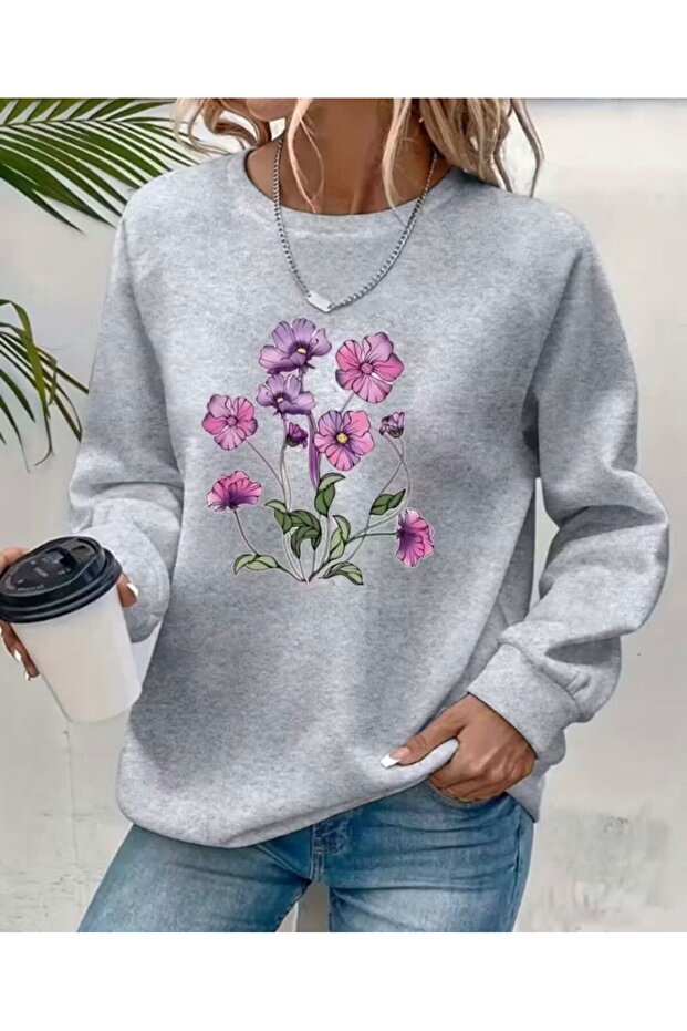 Purple Flower Bunch Print Detailed Crew Neck Sweatshirt with Fleece Inside