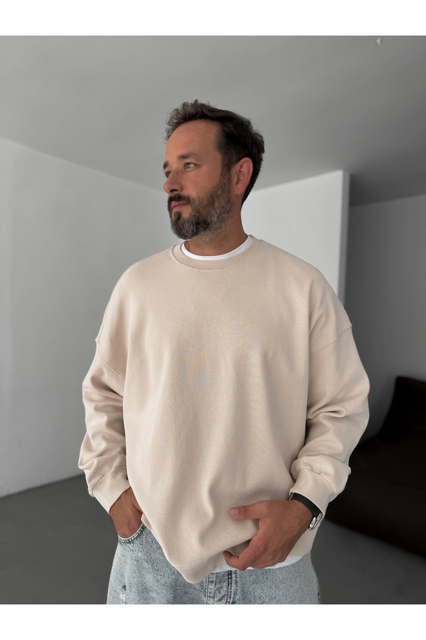Bej Basic Yıkamalı Sweatshirt YP-5014 - 1