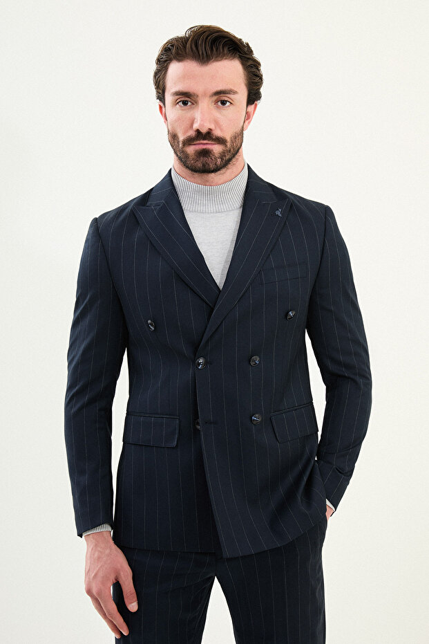Striped Slim Fit Wide Collar Double Breasted Men's Suit Navy Blue - 45426.25K