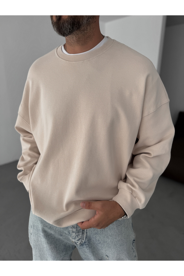 Bej Basic Yıkamalı Sweatshirt YP-5014 - 3