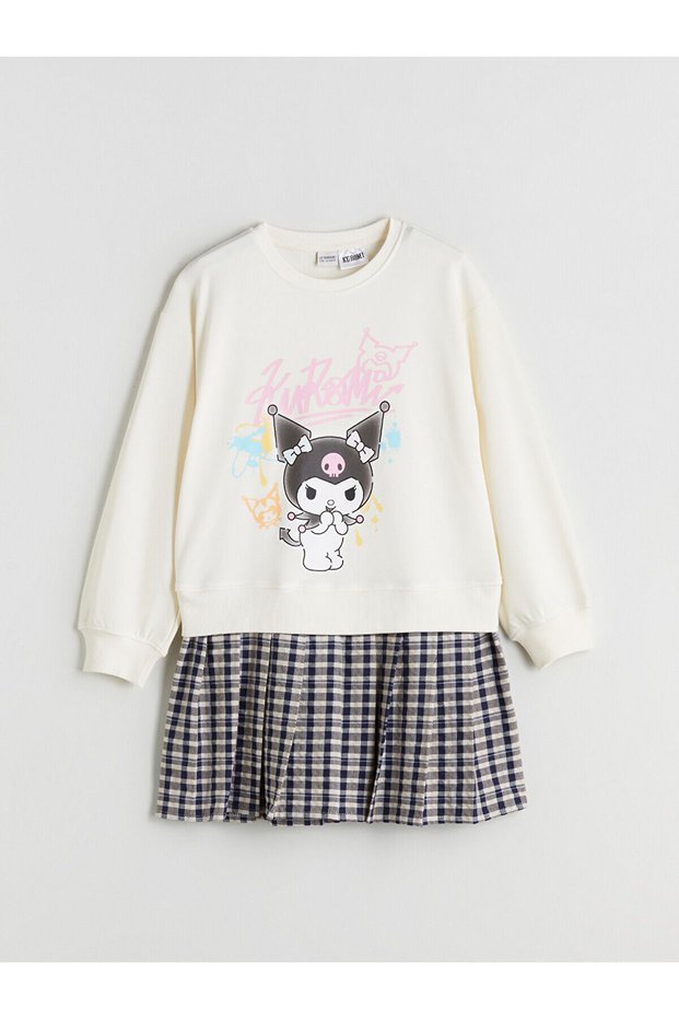 Two Mt Shop Quality Lcw Kids Ecru Oval Collar Kuromi Printed Girls' Dress