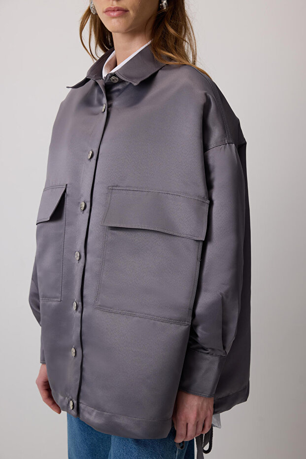 Drawstring Satin Oversize Jacket - 4