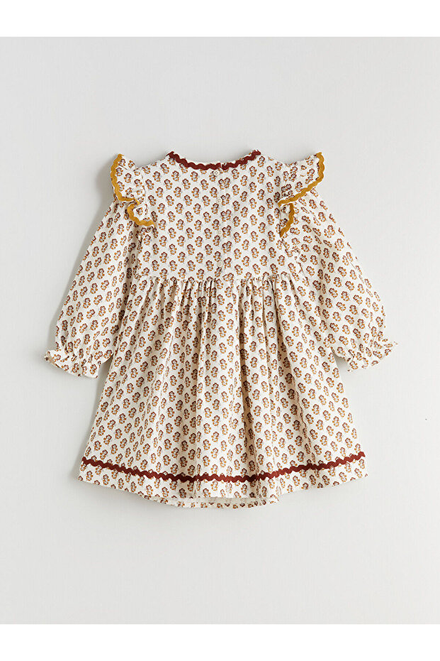 Ekru Çiçekli ve Fırfırlı Kız Çocuk Elbise - 3