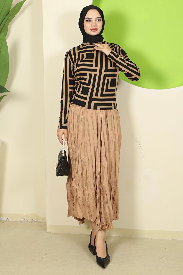 Labyrinth Patterned Draped Body Brown Hm2828 - 6