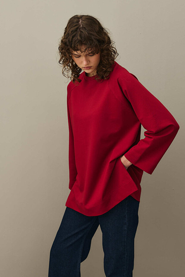 Yırtmaç Detaylı Basic Sweatshirt Bordo - 4