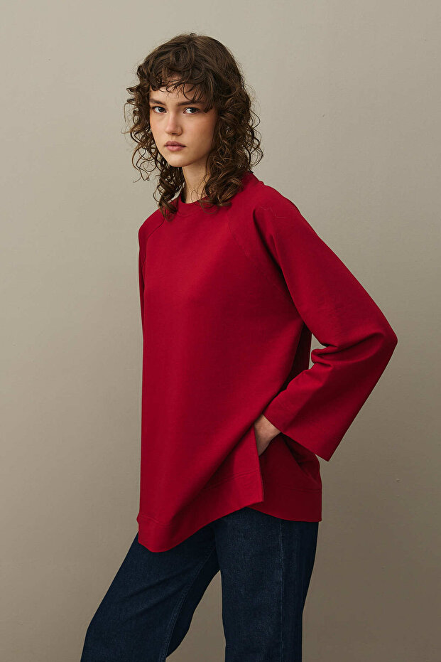 Yırtmaç Detaylı Basic Sweatshirt Bordo - 5