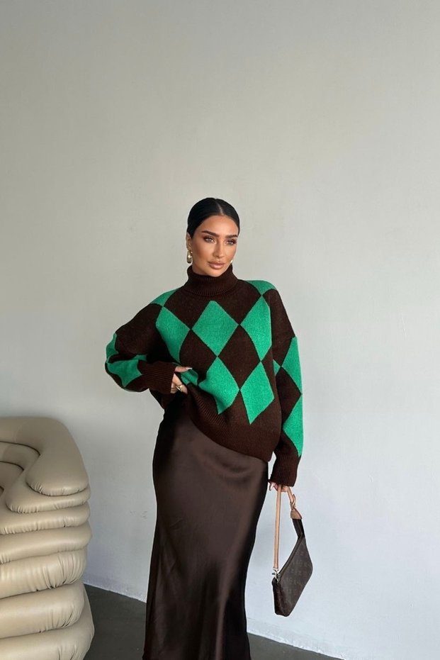 Oversize Baklava Patterned Turtleneck Knitwear Sweater Aw25Kz0051