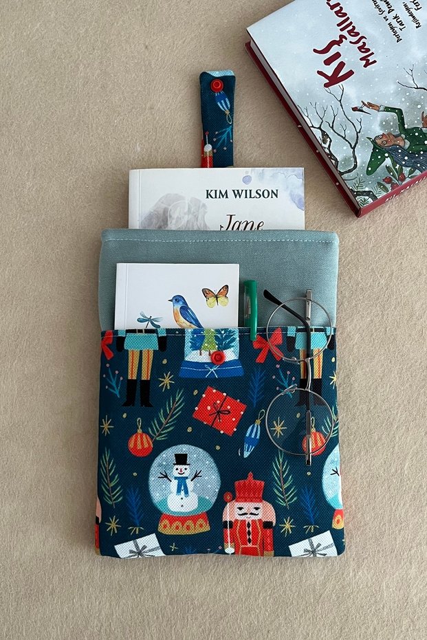 Linen Book Cover with Pockets, Padded Snap-On Book Cover, Gift for Book Lovers
