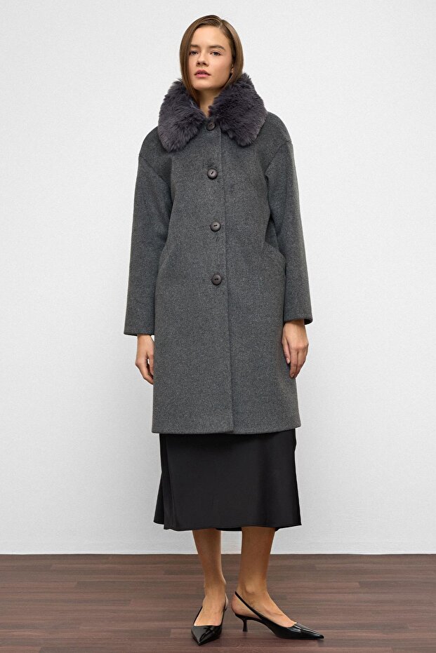Detachable Fur Low Sleeve Plus Size Coat Dark Gray 3089