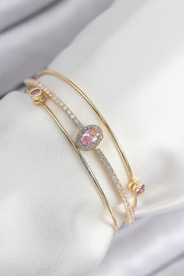 Brass Zircon Stone Baguette Model Gold Color Women's Bracelet - Tj-Bb7863