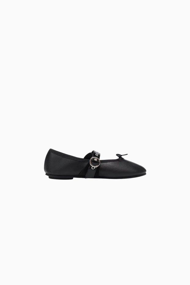 Ballet Twist Mary Jane Babet, Black Leather, Patent Strap, Luxury Design with Buckle Detail