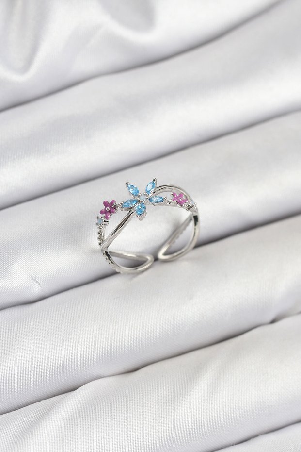 Brass Silver Color Zircon Stone Blue Flower Women's Ring - Tj-Byk3835