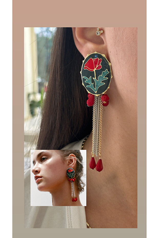 Floral Drop Red Beaded Earrings