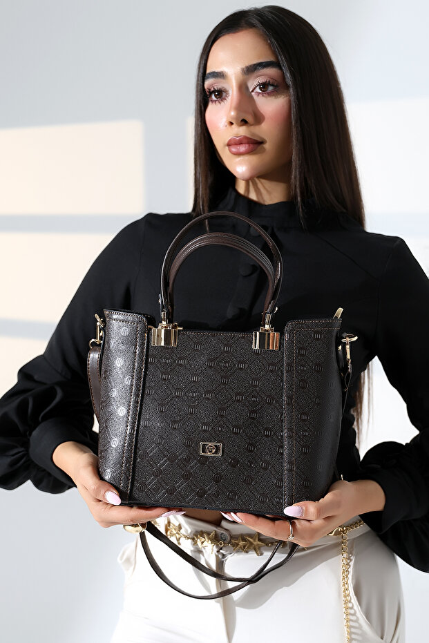 Women's Brown Patterned Hand and Shoulder Bag Suitable for Daily and Evening Dress Use