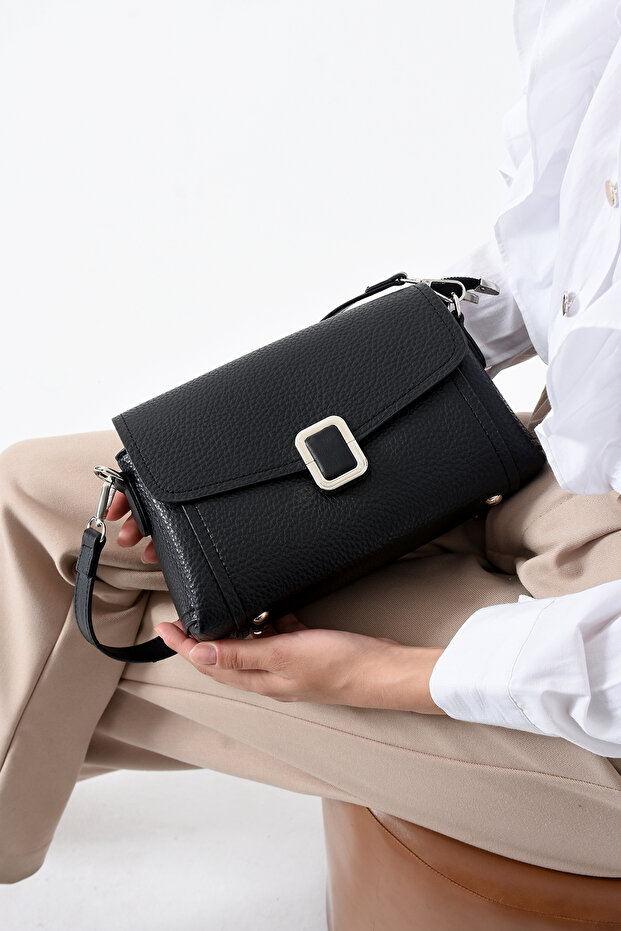 Black Multi-Compartment Lock Detailed Soft Leather Crossbody and Shoulder Bag