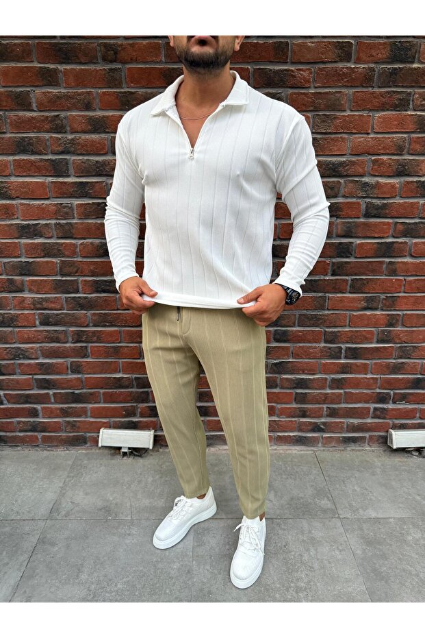 Vertical Striped Ottoman Fabric Zipper Detailed Men's Tracksuit Set