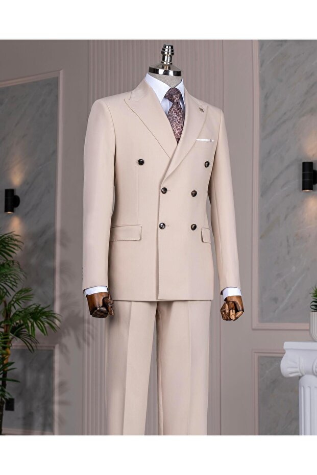 Italian Style Double-Breasted Jacket Pants Suit Beige T14082