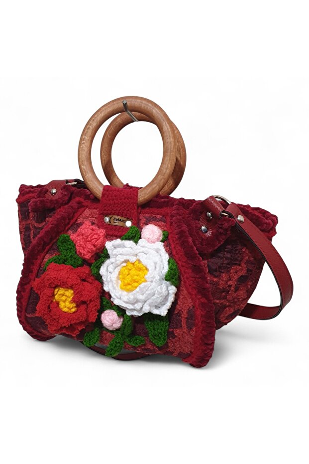Crochet Knitted Flower Detailed Shoulder Bag, Handmade Custom Design Bag