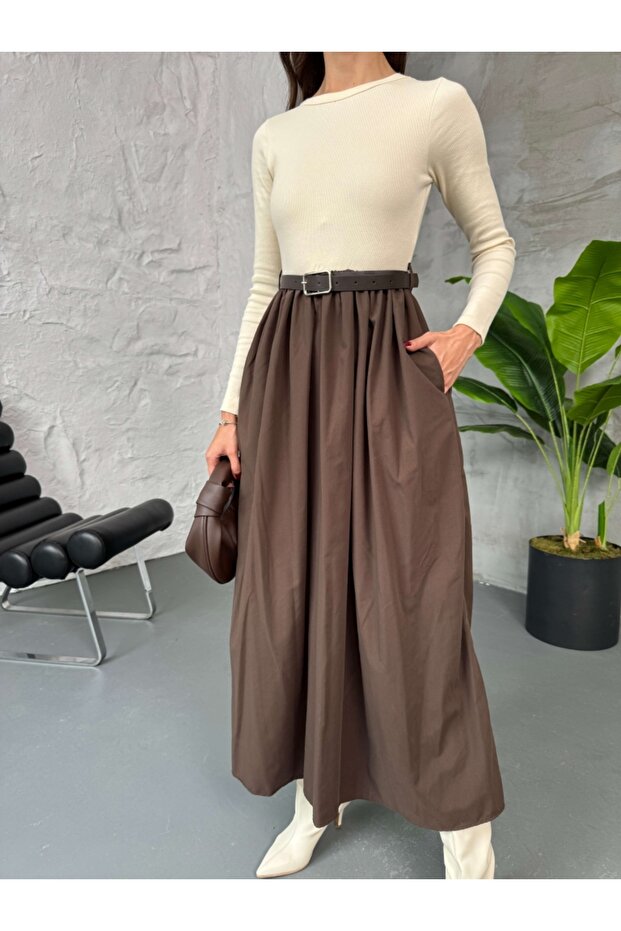 Kahve Kemerli Maxi Elbise - 3