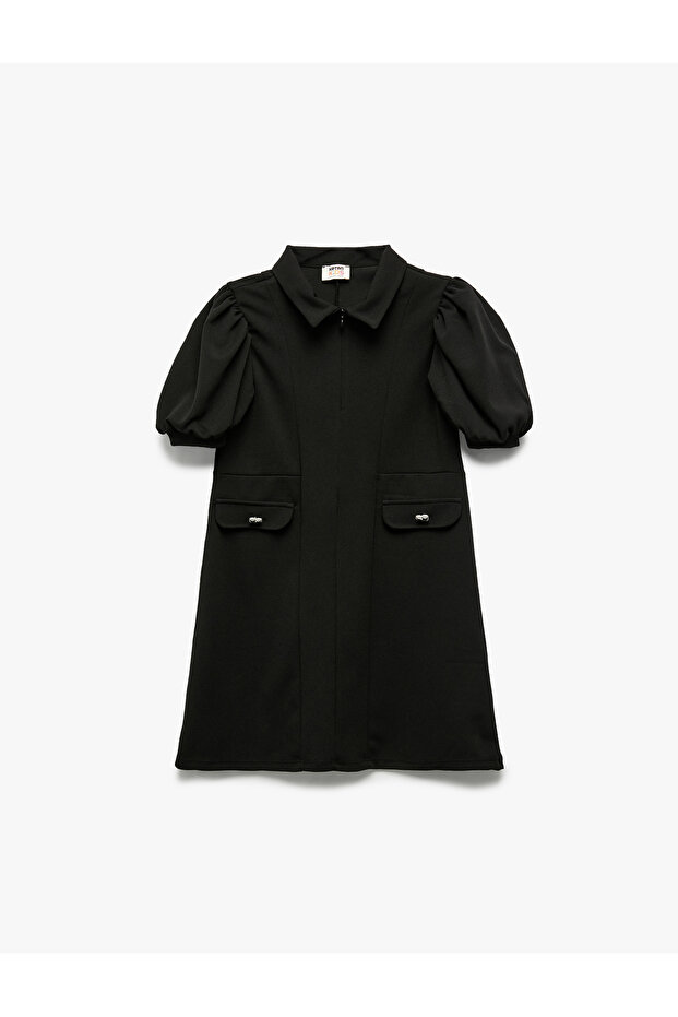 Zip Detail Balloon Sleeve Shirt Collar Dress