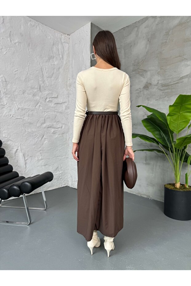 Kahve Kemerli Maxi Elbise - 5