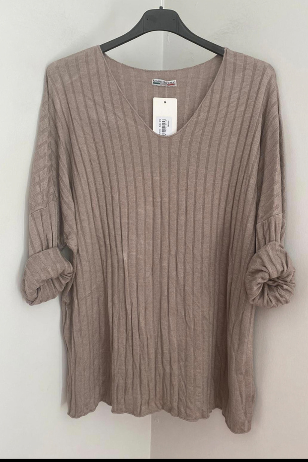 Women's Italian Mink V-Neck Line Patterned Loose Knitwear Blouse