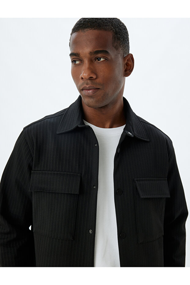 Shirt Jacket with Flap Pocket Detail, Textured Snap Buttons, Viscose Blend