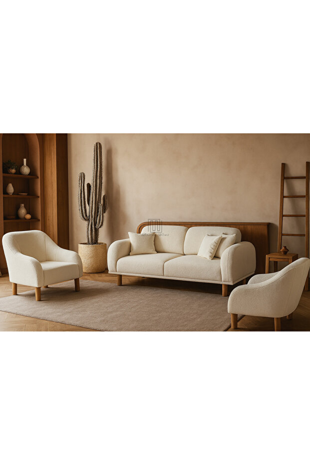 Bouclé Bohem Model Koltuk Takımı 3+3+1+1 Ekru Renk - 2