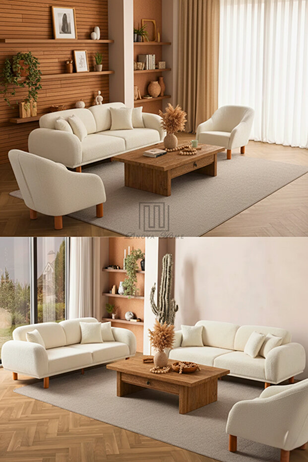 Bouclé Bohem Model Koltuk Takımı 3+3+1+1 Ekru Renk - 3