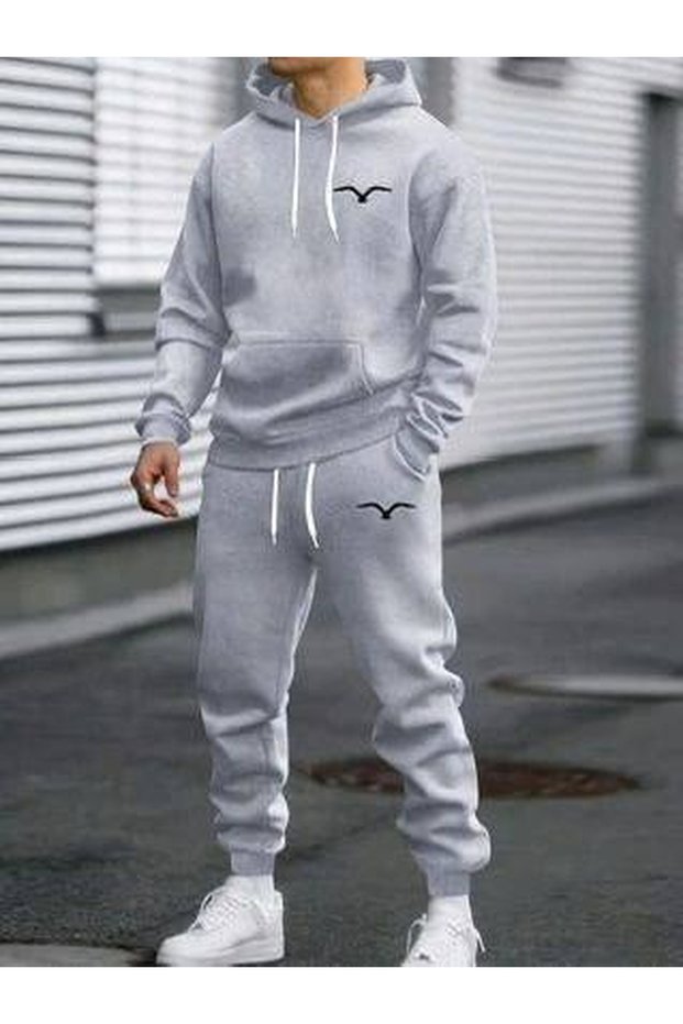 3 Thread Kangaroo Pocket Hooded Sweatshirt Set – Minimal Bird Print Unisex Casual Style