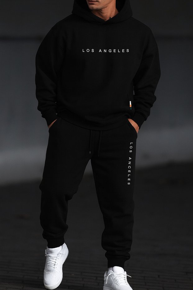 Los Angeles Letter Print Tracksuit Set Unisex Oversize Hooded Sweatshirt with Kangaroo Pocket