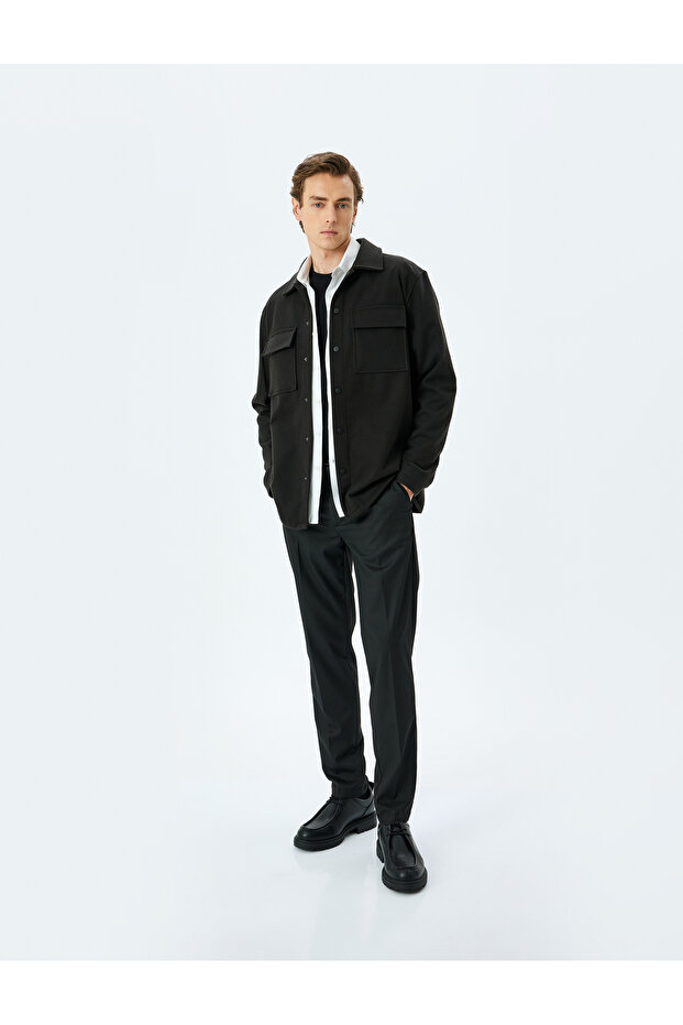 Clamshell Pocket Snap Button Viscose Blended Long Sleeve Stamp Jacket