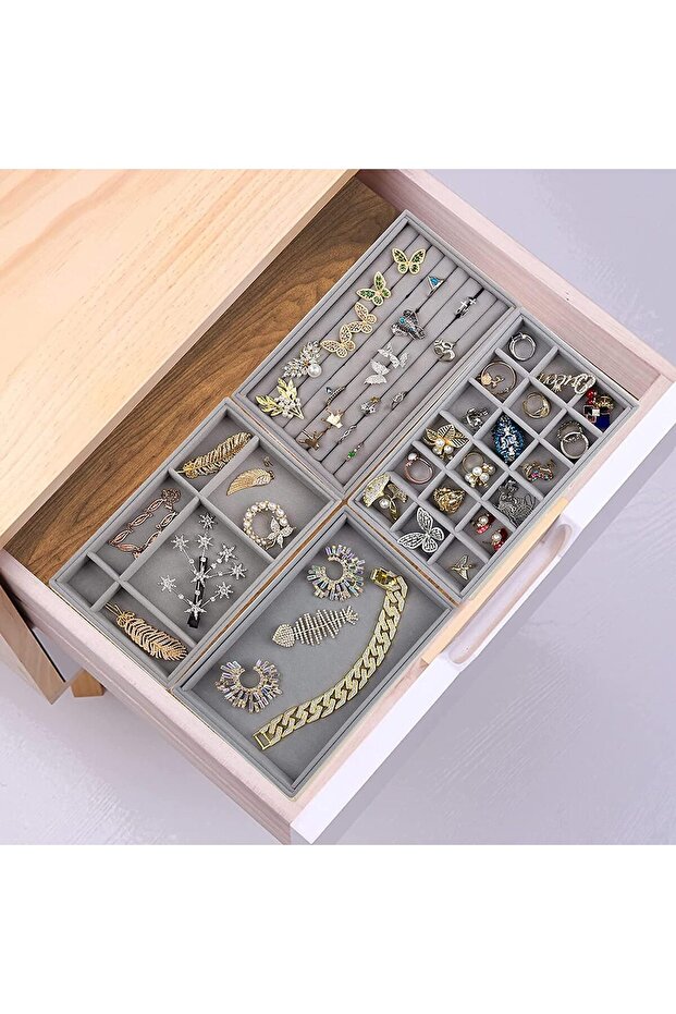 4 Pc Velvet Stackable Jewelry Drawer Organizer (Grey)