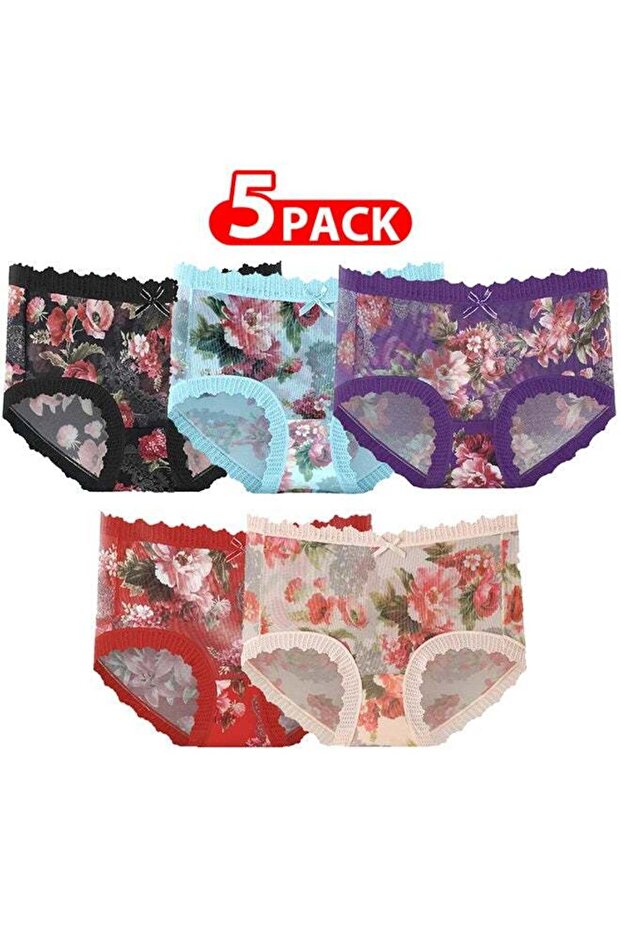 5 Packs Ultra-thin Panties Women Lace Briefs Ice Silk Mid-Waist