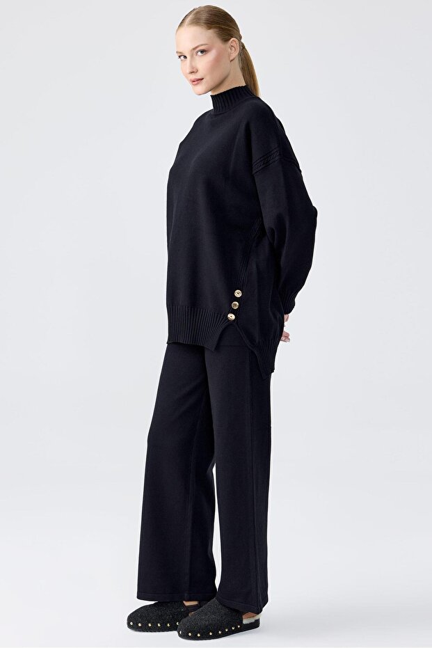 Tunic Pants Set with Buttons on the Sides Black