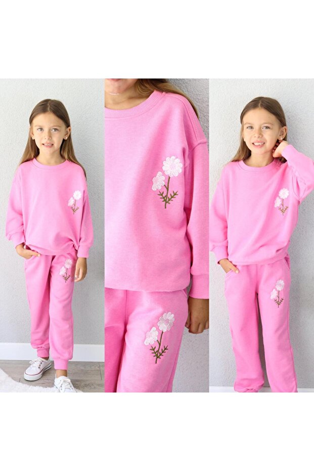 Flower/Daisy Embroidered 3-Thread Seasonal Top and Bottom Girl's Set