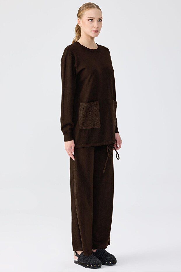 Lace Detailed Trousered Knitwear Set Brown