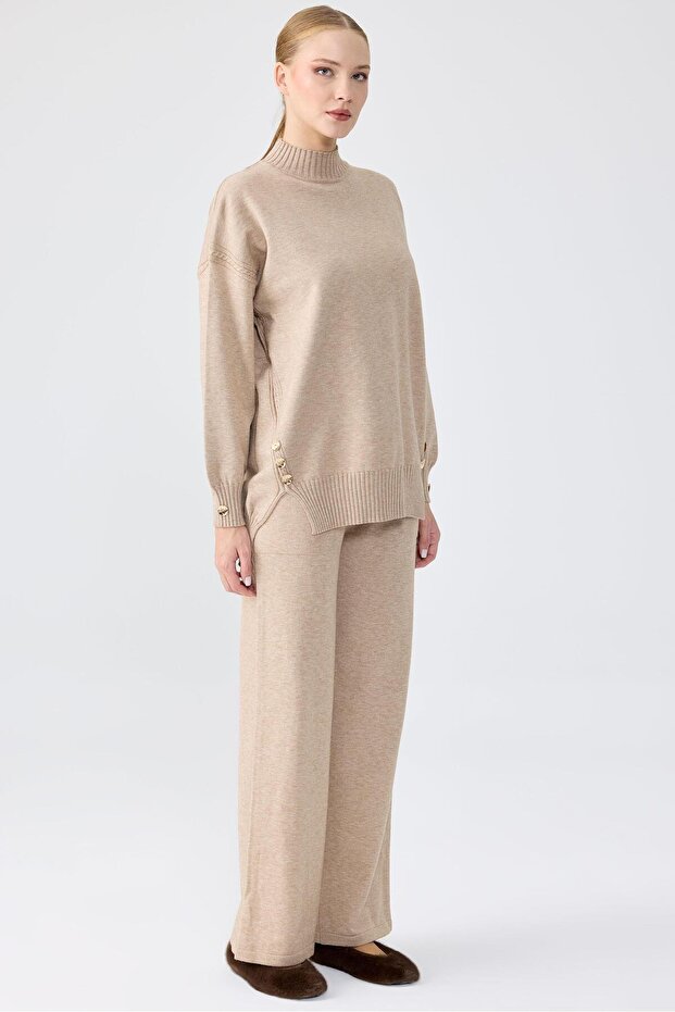 Buttoned side tunic pant set mink