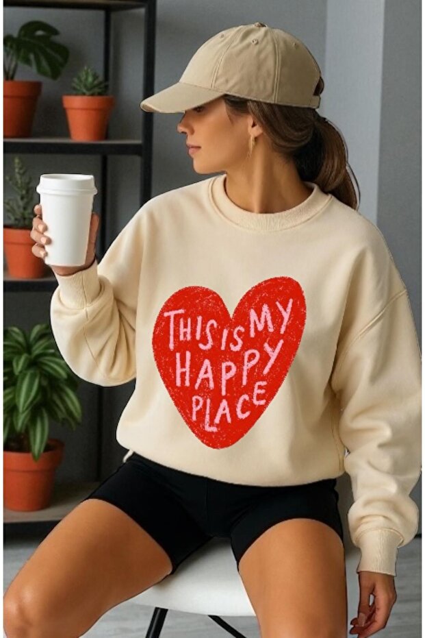 Unisex Long Sleeve Happy Place Heart Front Transfer Printed Crew Neck Sweatshirt