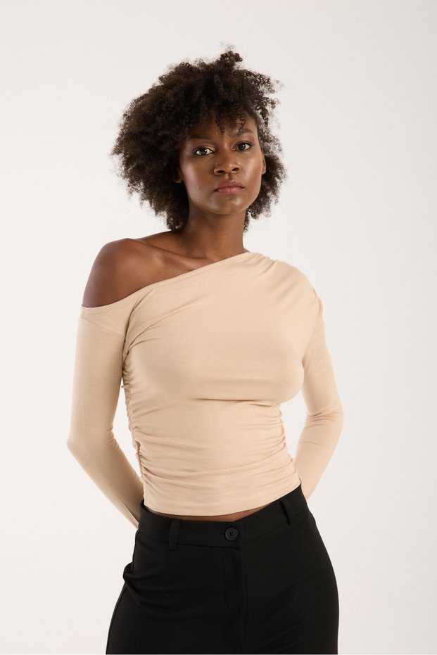 Women's Off-The-Shoulder Gathered Detail Beige Viscose Blouse