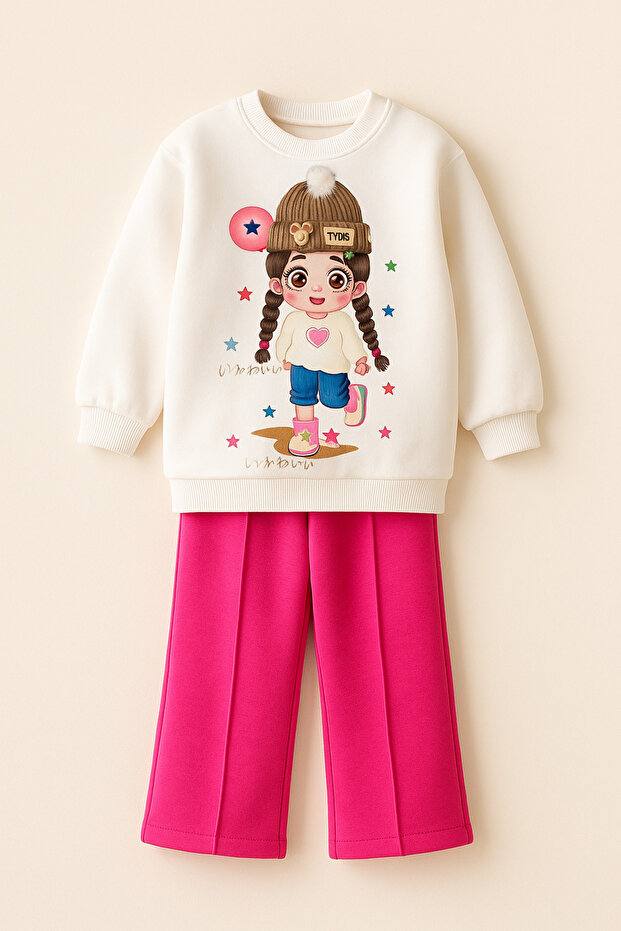 Girl's Applique Beret and Button Detailed Printed 3 Thread Raised Bottom and Top Set
