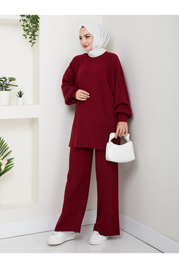 Women's Balloon Sleeve Steel Mesh Tunic and Pants Two-Piece Set